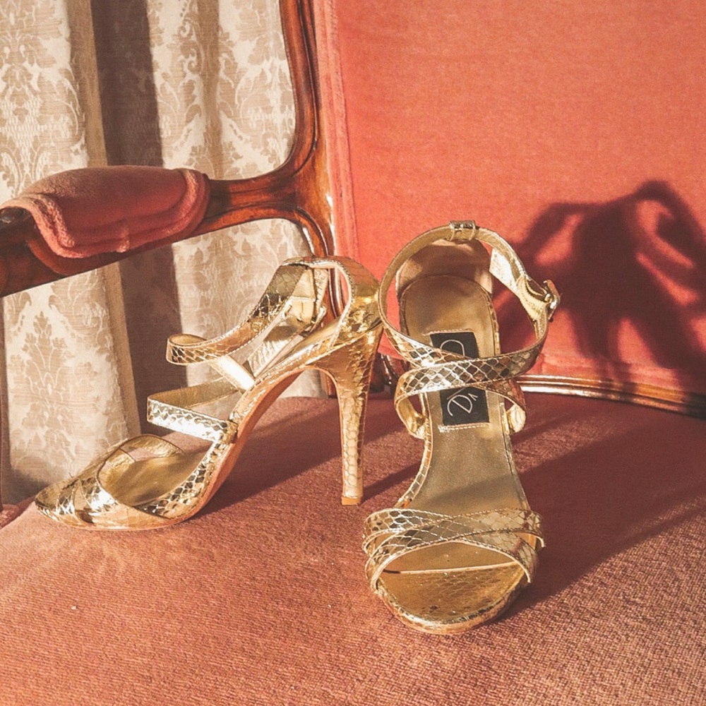 Vintage Cache Gold Faux Snake skin strappy heels